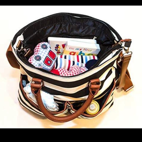 Diaper Bag by Hip Cub - Baby Changing Pad - Black/White Stripe W/Cute Tan Trim - Picture 3 of 6
